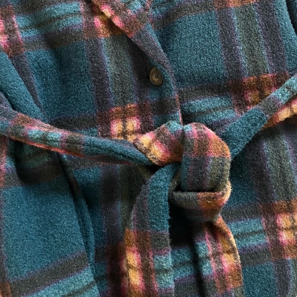 Maurices Plaid Belted Faux Wool Wrap Long Coat Sz XL Teal Tan Brown Pink - Picture 7 of 9